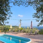 Swimming pool framed by hanging olive branches with a view of the blue Aegean Sea in the background.